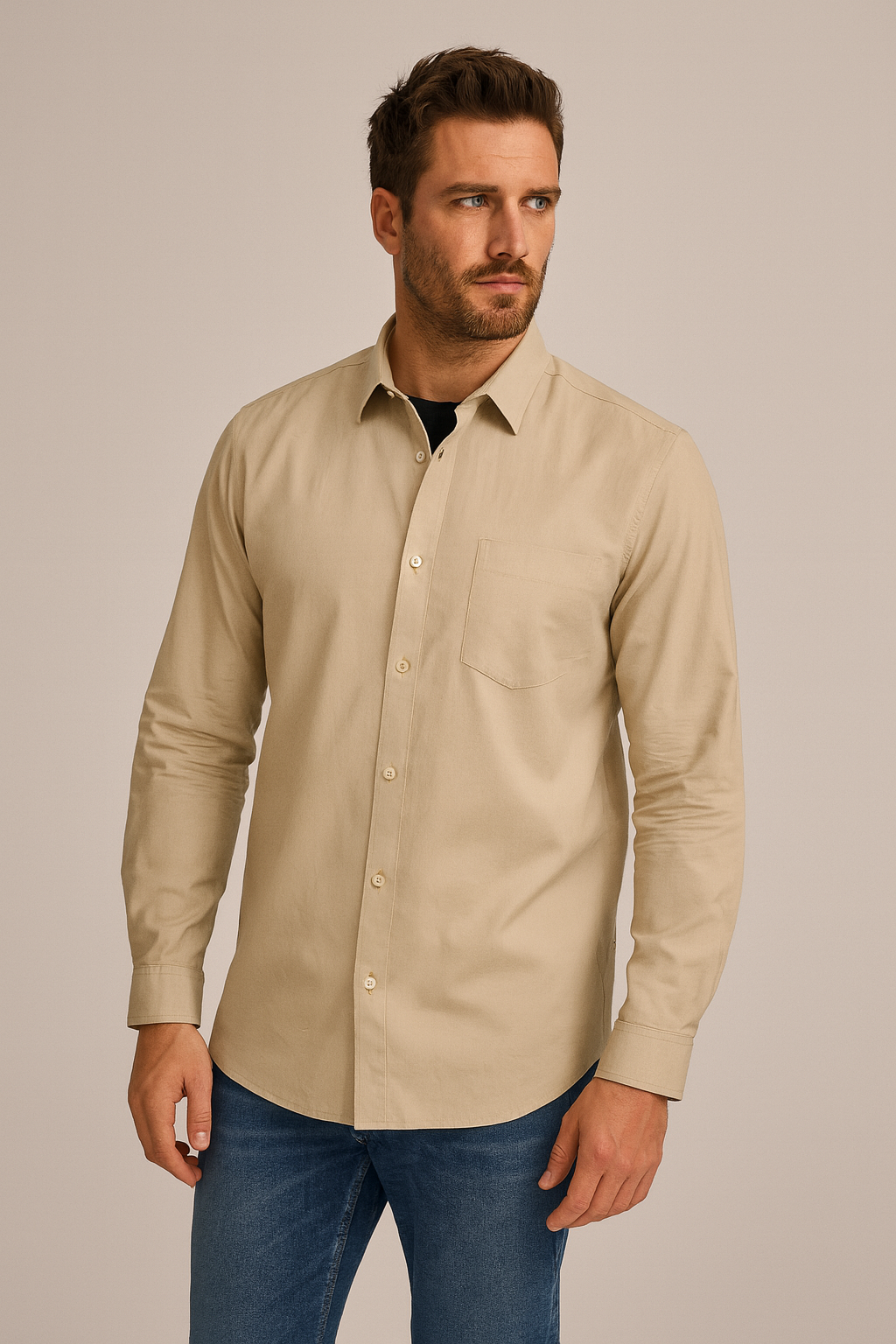 Linen Beige Plain Formal Shirt ,Pure Cotton